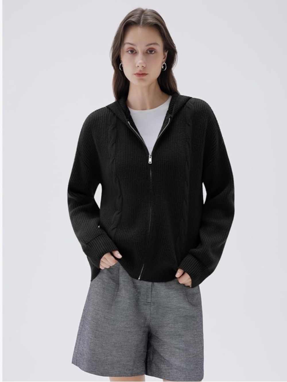 NEW-SUUKSESS Women Chunky Knit Cashmere Blend Zip up Oversized Hoodies